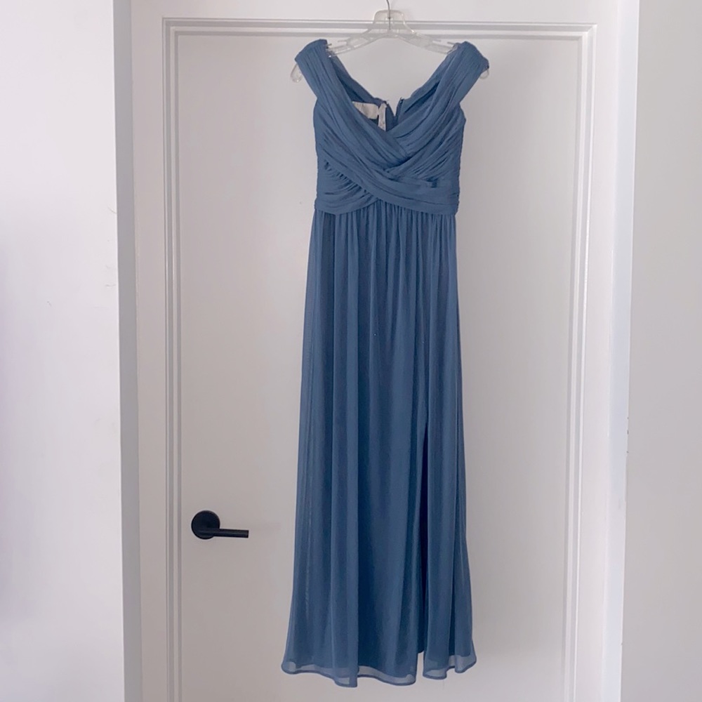 Formal steel blue long, off shoulder dress. Perfection condition. Size 4.